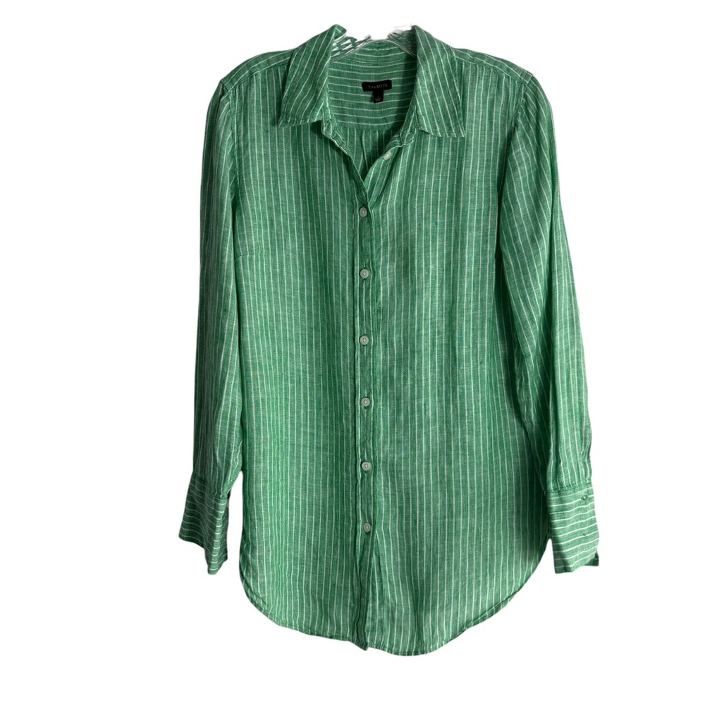 TALBOTS 100% Linen Firefly Striped Button Down Shirt in Green/White Size Small - Picture 2 of 10